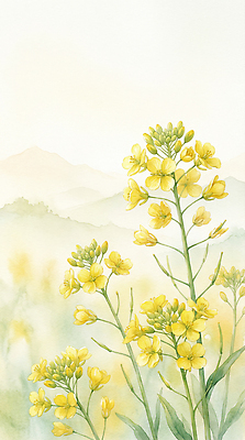 JPG 식물 꽃 화초 예술 컬러 백그라운드 잎 일러스트 자연 생명 수채화 산 풍경 야외 노란색 봄 그림 유채밭 국내일러스트 AI일러스트 AI콘텐츠 계절 밭 유채 생태계 파일형식