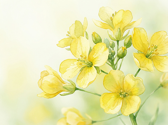 JPG 식물 꽃잎 꽃 예술 줄기 컬러 일러스트 자연 생명 수채화 풍경 노란색 정원 농사 봄 성장 그림 조화 유채밭 국내일러스트 AI일러스트 AI콘텐츠 계절 밭 농업 유채 생태계 파일형식