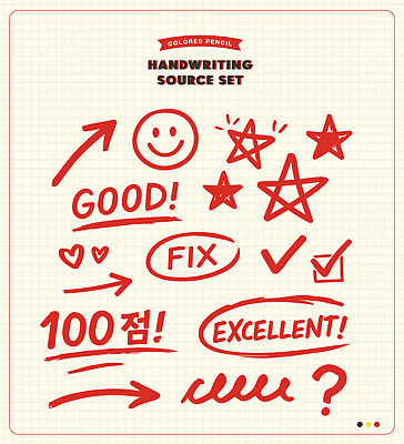 자연요소 모양 교육 컬러 학용품 표정 미술 사람 확인 성적 파일형식 벡터 손글씨 색연필 빨간색 별 미소 하트 체크표시 질문 표현 그래픽 디자인 문자 꾸미기 어린이 학습 창작 예술 스케치 기록 AI파일 일러스트 국내일러스트 손그림 채점