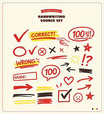 자연요소 문자 기호 교육 학용품 오브젝트 확인 성적 파일형식 벡터 손글씨 문구용품 색연필 채점 피드백 체크표시 느낌표 별 오답 정답 화살표 점수 디자인 학습 학생 자료 AI파일 일러스트 국내일러스트 손그림