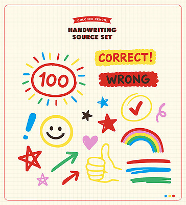 자연요소 문자 감정 교과목 학용품 오브젝트 성적 파일형식 벡터 손글씨 기호 문구용품 색연필 연습 별 무지개 그림 즐거움 창의력 디자인 기록 컬러 수학 AI파일 일러스트 국내일러스트 손그림 채점