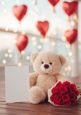 JPG 편집이미지 기념일 꽃다발 조명 발렌타인데이 선물 사랑 이벤트 장식 장미 곰인형 하트 축하 분위기 테마 이미지편집 AI컴퓨터그래픽 AI콘텐츠 모양 꽃 감정 인형 컨셉 데이이벤트 파일형식