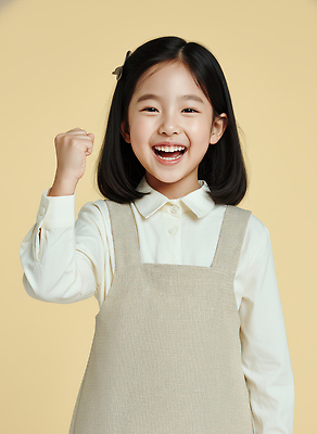 JPG 편집이미지 옷 행복 감정 얼굴 어린이 백그라운드 모션 표정 웃음 소녀 노란색 주먹 기쁨 긍정적 의료성형뷰티 편집실사 AI인물포토 AI콘텐츠 여자 컬러 사람 신체부위 CG 파일형식 AI포토