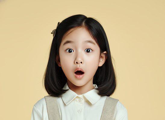 JPG 편집이미지 감정 어린이 백그라운드 셔츠 실내 표정 촬영 놀람 금색 흰색 긴장 반응 순간 의료성형뷰티 편집실사 AI인물포토 AI콘텐츠 컬러 상의 사람 내부 CG 파일형식 AI포토