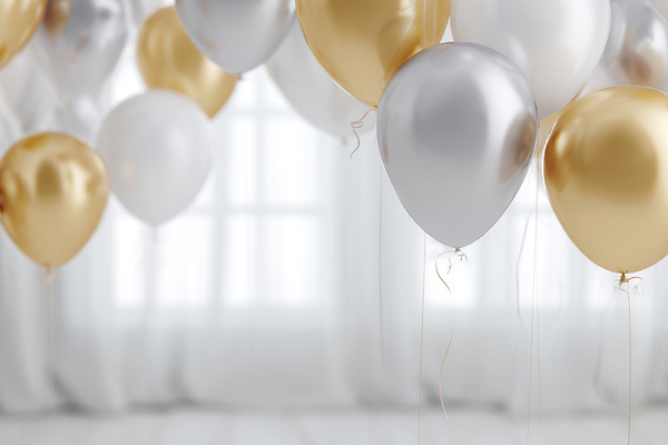 JPG 편집이미지 기념일 조명 이벤트 내부 장식 파티 사각형 축제 공간 금색 흰색 축하 은색 풍선 이미지편집 AI컴퓨터그래픽 AI콘텐츠 도형 컬러 컨셉 파일형식