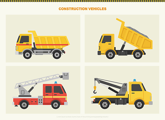 건축 산업 길 육상교통 교통시설 자동차 건설업 트럭 중장비 특수차량 파일형식 벡터 덤프트럭 소방차 기중기 견인차 운송업 작업 공사 구조물 기능 디자인 도로 기계 안전 기술 컬러 일러스트 국내일러스트 AI파일 건설현장
