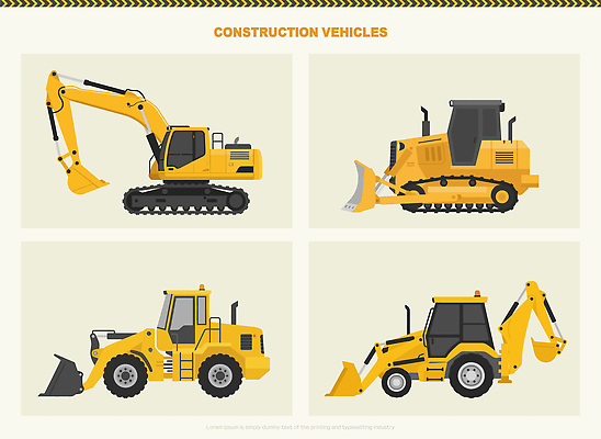 산업 길 컨셉 교통시설 건설업 중장비 산업장비 파일형식 벡터 포크레인 로우더 건축 장비 기계 굴착기 불도저 작업 도로 운송업 땅 시공 안전 효율 설계 배열 일러스트 국내일러스트 AI파일 건설현장