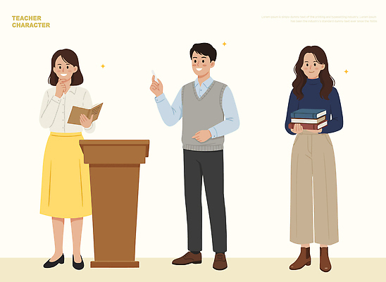 직업 교육 학교 모션 말하기 파일형식 벡터 교사 학생 수업 교실 발표 대화 책 자료 관찰 학습 교과목 토론 질문 정리 기록 일러스트 국내일러스트 AI파일 교탁