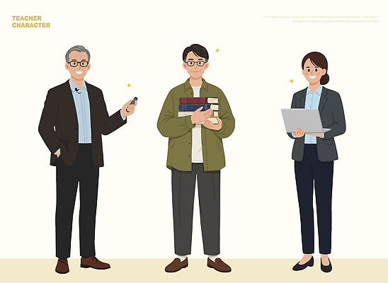직업 교육 학교 모션 사람 전자제품 파일형식 벡터 교사 캐릭터 발표 책 노트북 교실 역할 모임 남자 여자 세명 도구 학습 읽기 쓰는 정보 일러스트 국내일러스트 AI파일