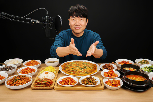 JPG 편집이미지 남자 한식 음식 재료 탁자 반찬 김치 안내 요리 면류 전 찌개 방송 비디오 먹방 유튜버 편집실사 AI인물포토 AI콘텐츠 가구 사람 CG 파일형식 크리에이터 AI포토