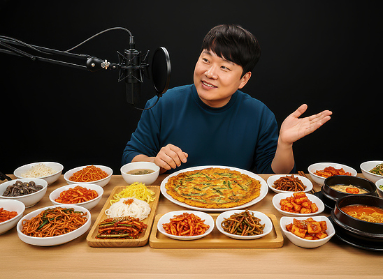 JPG 편집이미지 남자 음식 반찬 따뜻함 대화 요리 미소 식사 소리 전통음식 즐거움 방송 메인요리 먹방 유튜버 편집실사 AI인물포토 AI콘텐츠 전통 감정 표정 말하기 사람 CG 파일형식 크리에이터 AI포토