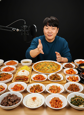 JPG 편집이미지 남자 한식 음식 식탁 밥 반찬 김치 한국 요리 요리사 면류 전 간장 비빔국수 먹방 유튜버 편집실사 AI인물포토 AI콘텐츠 직업 아시아 탁자 사람 양념 CG 국수 방송 파일형식 크리에이터 AI포토