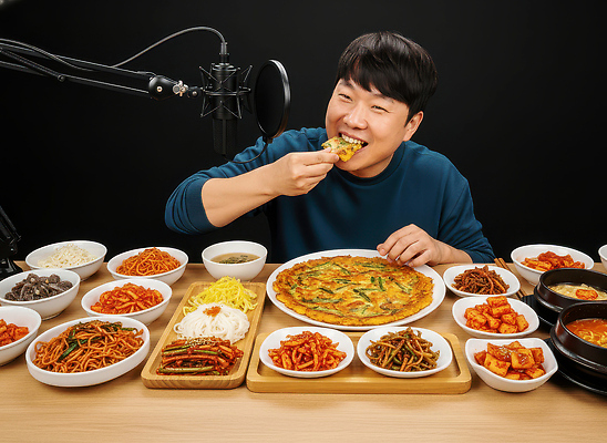 JPG 편집이미지 남자 음식 채소 탁자 반찬 디저트 한국 육류 요리 식사 면류 전 먹기 먹방 유튜버 편집실사 AI인물포토 AI콘텐츠 아시아 가구 식재료 모션 사람 CG 방송 파일형식 크리에이터 AI포토