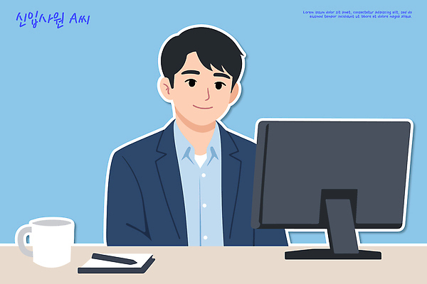 식기 남자 가구 컨셉 회사 비즈니스 문구용품 사람 전자제품 업무 직장인 파일형식 벡터 사무실 컴퓨터 작업 의자 책상 컵 공책 스크린 집중 시간 디지털 직장 직원 자료 기계 사무 일러스트 국내일러스트 AI파일 비즈니스맨 신입사원