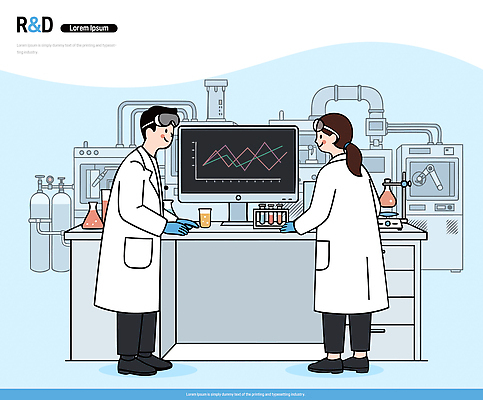 직업 과학 컨셉 실험 약 상품 개발 파일형식 벡터 연구실 연구원 장비 자료 그래프 시약 화학 분석 신제품 작업 실험기구 실험실 협력 일러스트 국내일러스트 AI파일 연구복 연구개발
