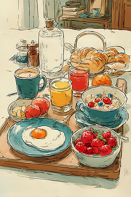 JPG 접시 커피 음료 음식 빵 과일 일러스트 탁자 딸기 계란 식사 주스 샐러드 아침식사 사과 오렌지주스 크루아상 블루베리 레시피 요거트 국내일러스트 AI일러스트 AI콘텐츠 식기 가구 유제품 알 과일주스 파일형식