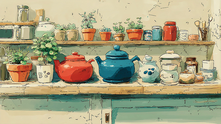 JPG 식물 화분 일러스트 가정 자연 주방용품 아침 선반 요리 장식 빨간색 파란색 주방 찻주전자 오브젝트 라일락 국내일러스트 AI일러스트 AI콘텐츠 주간 꽃 컬러 가구 생활용품 주전자 생태계 파일형식