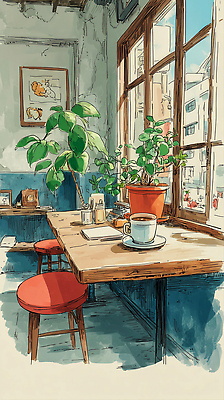 JPG 식물 커피 음료 의자 일러스트 창문 탁자 휴식 실내 사람 식사 공간 카페 작업 분위기 편안함 커피잔 일과 오후 원룸 국내일러스트 AI일러스트 AI콘텐츠 가구 컨셉 잔 내부 상점 감각 파일형식