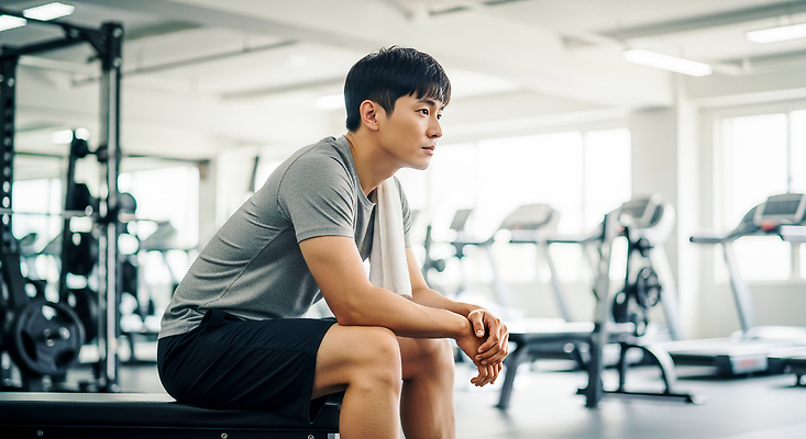 JPG 편집이미지 남자 스포츠 벤치 운동선수 건강 일상 운동복 운동 헬스 도구 시간 집중 준비 체육관 의료성형뷰티 편집실사 AI인물포토 AI콘텐츠 옷 컨셉 의자 사람 라이프 CG 파일형식 AI포토