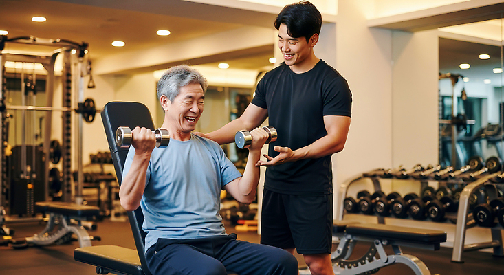 JPG 편집이미지 노년 남자 건강 웃음 운동복 운동 운동기구 헬스 힘 아령 도움 즐거움 트레이너 의료성형뷰티 편집실사 AI인물포토 AI콘텐츠 옷 감정 컨셉 표정 사람 성인 CG 파일형식 AI포토