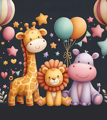 JPG 동물 캐릭터 디자인 별 어린이 컬러 백그라운드 일러스트 장식 친구 파티 기쁨 모임 축하 생일 사자 기린 즐거움 풍선 하마 국내일러스트 AI일러스트 AI콘텐츠 자연요소 기념일 감정 컨셉 포유류 관계 사람 이벤트 파일형식