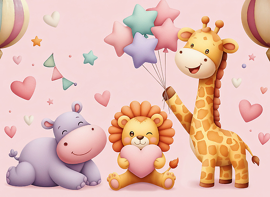 JPG 동물 행복 어린이 컬러 백그라운드 일러스트 하늘 사랑 장식 친구 귀여움 하트 축하 아기 생일 사자 기린 그림 장면 풍선 하마 파스텔 국내일러스트 AI일러스트 AI콘텐츠 모양 기념일 감정 컨셉 포유류 관계 학용품 사람 파일형식