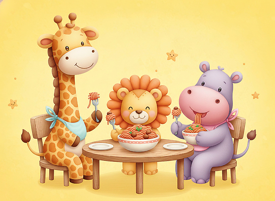 JPG 동물 행복 어린이 음식 컬러 일러스트 탁자 함께함 스파게티 이야기 웃음 친구 식사 모임 아기 사자 배고픔 기린 즐거움 하마 국내일러스트 AI일러스트 AI콘텐츠 감정 가구 컨셉 포유류 관계 파스타 표정 사람 파일형식