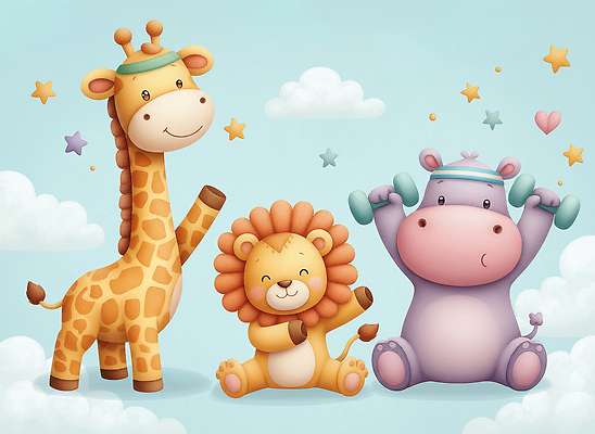 JPG 동물 캐릭터 감정 어린이 컬러 일러스트 놀이 건강 미소 친구 운동 귀여움 색칠 사자 기린 즐거움 이미지 하마 국내일러스트 AI일러스트 AI콘텐츠 컨셉 포유류 관계 표정 사람 파일형식