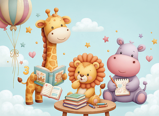 JPG 동물 행복 어린이 컬러 일러스트 놀이 책 친구 장난감 시간 그리기 사자 기린 읽기 즐거움 그림 하마 국내일러스트 AI일러스트 AI콘텐츠 감정 포유류 관계 모션 사람 파일형식