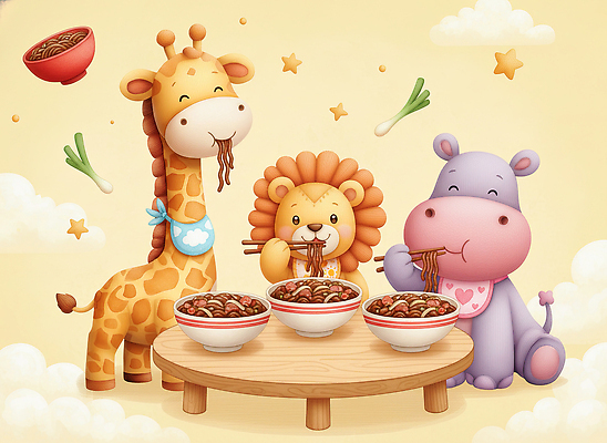 JPG 동물 일러스트 탁자 웃음 친구 소풍 식사 만남 짜장면 사자 배고픔 기린 즐거움 국수 하마 습관 국내일러스트 AI일러스트 AI콘텐츠 감정 음식 가구 컨셉 포유류 관계 표정 야외활동 중식 면류 파일형식