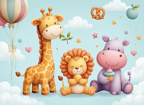 JPG 동물 행복 어린이 컬러 백그라운드 스티커 잎 일러스트 미소 장식 친구 귀여움 사자 컵케이크 기린 즐거움 풍선 하마 국내일러스트 AI일러스트 AI콘텐츠 식물 감정 컨셉 포유류 관계 표정 사람 케이크 파일형식