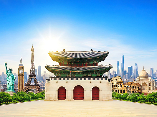 JPG 편집이미지 유럽 아시아 서울 햇빛 탑 인도 에펠탑 경복궁 자유의여신상 과거 타지마할 두바이 랜드마크 현재 이미지편집 AI컴퓨터그래픽 AI콘텐츠 건축물 나라 컨셉 한국 태양 미국 궁전 세계문화유산 파리 아랍에미리트 파일형식