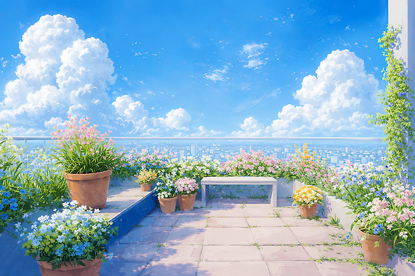 JPG 식물 꽃 화분 컬러 일러스트 자연 하늘 풍경 야외 여름 햇빛 정원 봄 발코니 도시 옥상 식물원 루프탑 국내일러스트 AI일러스트 AI콘텐츠 계절 태양 파티 생태계 파일형식