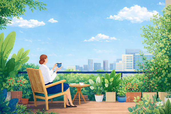 JPG 식물 여자 화분 커피 백그라운드 일러스트 자연 탁자 하늘 휴식 풍경 야외 일상 여름 파란색 정원 봄 발코니 도시 옥상 루프탑 국내일러스트 AI일러스트 AI콘텐츠 계절 음료 컬러 가구 컨셉 사람 라이프 파티 생태계 파일형식