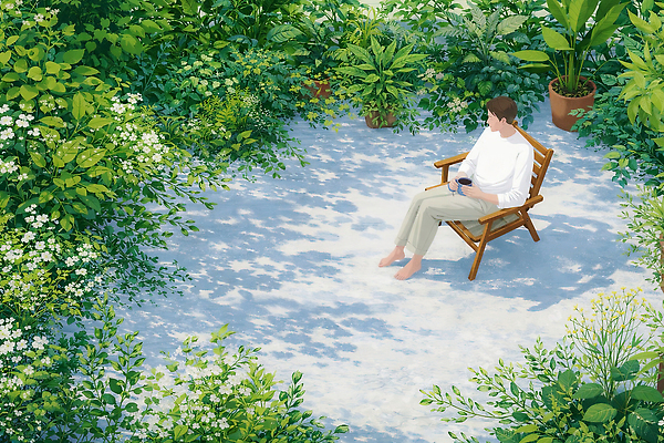 JPG 나무 식물 남자 여유 의자 일러스트 자연 휴식 앉기 야외 일상 초록색 인테리어 평화 정원 공간 숲 옥상 식물원 조경 루프탑 국내일러스트 AI일러스트 AI콘텐츠 디자인 감정 컬러 가구 컨셉 모션 사람 라이프 파티 생태계 파일형식