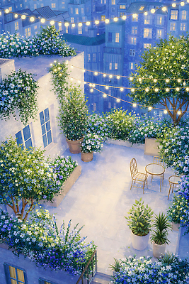 JPG 식물 디자인 계절 꽃 야경 의자 일러스트 자연 탁자 하늘 조명 풍경 평화 정원 공간 도시 저녁 옥상 정리 루프탑 국내일러스트 AI일러스트 AI콘텐츠 가구 컨셉 파티 야간 생태계 파일형식 풍경_경치