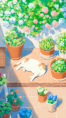 JPG 식물 꽃 화분 일러스트 자연 아침 휴식 바닥 따뜻함 잔디 여름 반려동물 눕기 햇빛 평화 귀여움 정원 고양이 옥상 식물원 오후 루프탑 국내일러스트 AI일러스트 AI콘텐츠 주간 동물 계절 컨셉 포유류 모션 태양 파티 생태계 파일형식