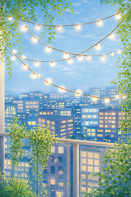 JPG 식물 벽 일러스트 전구 하늘 휴식 조명 풍경 사람없음 야외 건물 파란색 정원 공간 전선 발코니 도시 저녁 옥상 조화 평면 루프탑 국내일러스트 AI일러스트 AI콘텐츠 건축물 컬러 컨셉 파티 야간 파일형식