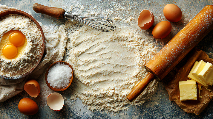 JPG 편집이미지 재료 탁자 프레임 요리 주방 계란 식사 반죽 만들기 밀가루 소금 거품기 요리중 버터 편집실사 AI포토 AI콘텐츠 가구 모션 주방용품 알 가루 CG 파일형식