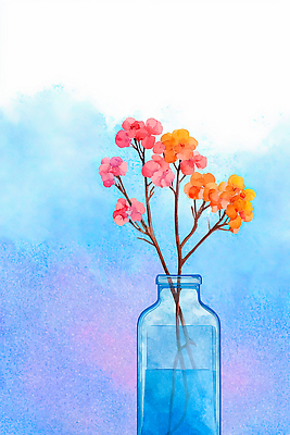 JPG 식물 디자인 꽃 예술 컬러 백그라운드 일러스트 자연 생명 유리병 수채화 장식 물 꽃병 표현 조화 국내일러스트 AI일러스트 AI콘텐츠 자연요소 병_용기 생태계 파일형식