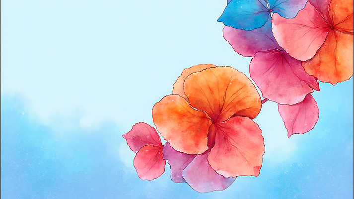 JPG 디자인 꽃잎 꽃 감정 화초 예술 컬러 하늘색 백그라운드 일러스트 자연 생명 수채화 장식 물감 표현 그림 부드러움 조화 창의성 국내일러스트 AI일러스트 AI콘텐츠 식물 파란색 미술도구 감각 생태계 파일형식