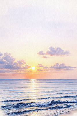 JPG 파도 바다 컬러 일러스트 자연 하늘 수채화 풍경 해변 물 여름 태양 고요 일몰 수면 저녁 수평선 국내일러스트 AI일러스트 AI콘텐츠 자연요소 계절 노을 야간 생태계 파일형식