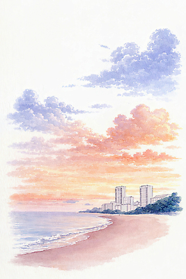 JPG 모래 파도 바다 컬러 일러스트 자연 하늘 조명 풍경 해변 건물 물 태양 일몰 공간 도시 분위기 저녁 국내일러스트 AI일러스트 AI콘텐츠 자연요소 건축물 컨셉 노을 야간 생태계 파일형식