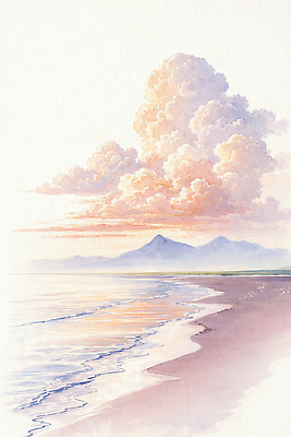 JPG 물결 바다 컬러 일러스트 자연 하늘 산 풍경 해변 햇빛 평화 일몰 시간 산호 그림 수평선 차분 국내일러스트 AI일러스트 AI콘텐츠 컨셉 태양 노을 자포동물 생태계 파일형식