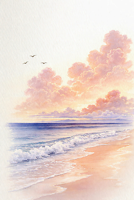 JPG 물결 파도 바다 일러스트 자연 조류 하늘 바람 수채화 풍경 해변 햇빛 노을 일몰 조용 수평선 국내일러스트 AI일러스트 AI콘텐츠 자연요소 동물 날씨 태양 생태계 파일형식