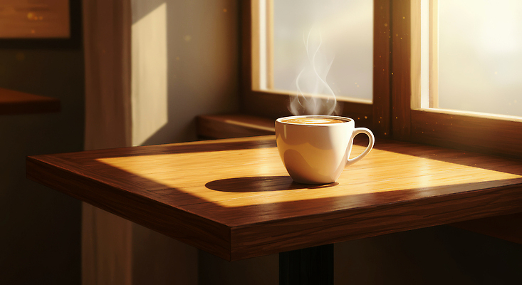 JPG 여유 커피 음료 음식 일러스트 아침 잔 따뜻함 사람 풍경 일상 햇빛 공간 카페 시간 연기 편안함 창가 나무탁자 순간 차분 국내일러스트 AI일러스트 AI콘텐츠 주간 식기 감정 컨셉 창문 탁자 라이프 태양 상점 감각 파일형식