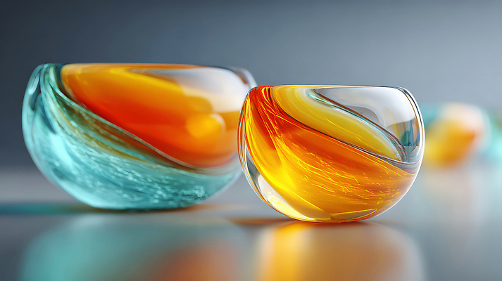 JPG 편집이미지 그릇 디자인 예술 컬러 유리 탁자 장식 파란색 빛 반사 주황색 투명 소재 장면 이미지편집 AI컴퓨터그래픽 AI콘텐츠 식기 가구 재질 파일형식