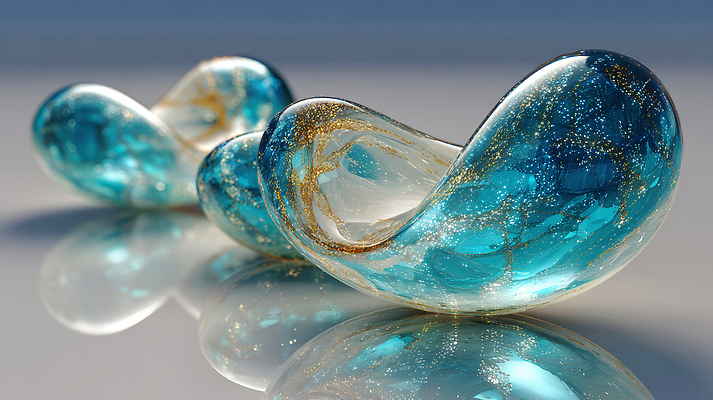 JPG 편집이미지 디자인 예술 조각 유리 탁자 형상 장식 파란색 빛 반사 금색 오브젝트 질감 광택 수공예 이미지편집 AI컴퓨터그래픽 AI콘텐츠 컬러 가구 재질 공예 파일형식