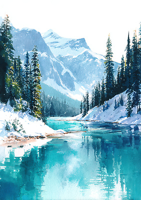 JPG 나무 호수 물결 겨울 일러스트 자연 하늘 수채화 산 풍경 물 맑음 차가움 숲 국내일러스트 AI일러스트 AI콘텐츠 자연요소 식물 계절 날씨 생태계 파일형식