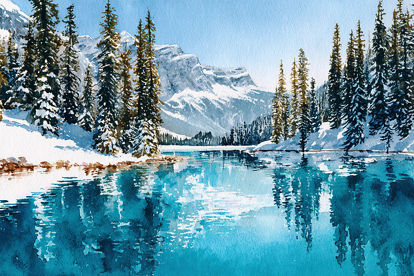 JPG 나무 호수 겨울 일러스트 자연 수채화 산 풍경 물 반사 평화 고요 수면 국내일러스트 AI일러스트 AI콘텐츠 자연요소 식물 계절 컨셉 생태계 파일형식